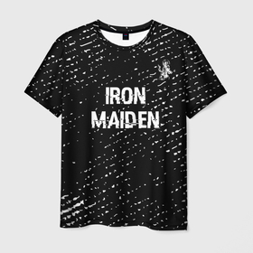 Мужская футболка 3D с принтом Iron Maiden glitch на темном фоне: символ сверху в Тюмени, 100% полиэфир | прямой крой, круглый вырез горловины, длина до линии бедер | 