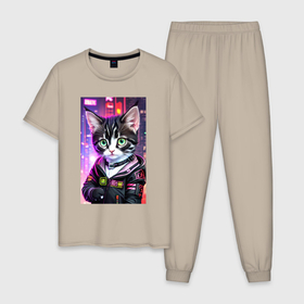 Мужская пижама хлопок с принтом Глазастый городской котёнок в Екатеринбурге, 100% хлопок | брюки и футболка прямого кроя, без карманов, на брюках мягкая резинка на поясе и по низу штанин
 | Тематика изображения на принте: 