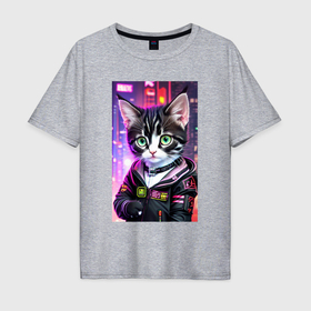 Мужская футболка хлопок Oversize с принтом Глазастый городской котёнок в Тюмени, 100% хлопок | свободный крой, круглый ворот, “спинка” длиннее передней части | Тематика изображения на принте: 