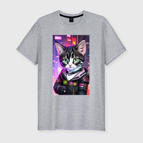 Мужская футболка хлопок Slim с принтом Глазастый городской котёнок в Петрозаводске, 92% хлопок, 8% лайкра | приталенный силуэт, круглый вырез ворота, длина до линии бедра, короткий рукав | 