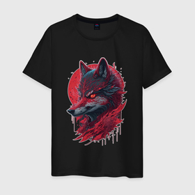 Мужская футболка хлопок с принтом Красный сверепый волк в Екатеринбурге, 100% хлопок | прямой крой, круглый вырез горловины, длина до линии бедер, слегка спущенное плечо. | 