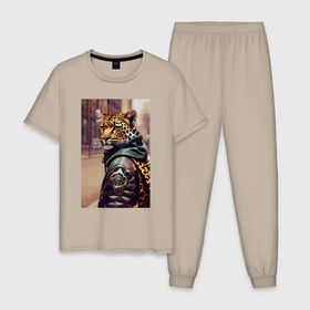 Мужская пижама хлопок с принтом Cool leopard   urban style   neural network в Екатеринбурге, 100% хлопок | брюки и футболка прямого кроя, без карманов, на брюках мягкая резинка на поясе и по низу штанин
 | Тематика изображения на принте: 
