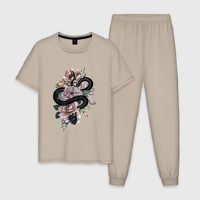 Мужская пижама хлопок с принтом Черная змея с акварельными цветами в Петрозаводске, 100% хлопок | брюки и футболка прямого кроя, без карманов, на брюках мягкая резинка на поясе и по низу штанин
 | 