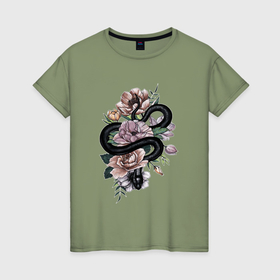 Женская футболка хлопок с принтом Черная змея с акварельными цветами в Кировске, 100% хлопок | прямой крой, круглый вырез горловины, длина до линии бедер, слегка спущенное плечо | 