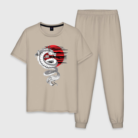 Мужская пижама хлопок с принтом Тату японский дракон с красным солнцем в Кировске, 100% хлопок | брюки и футболка прямого кроя, без карманов, на брюках мягкая резинка на поясе и по низу штанин
 | 