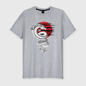 Мужская футболка хлопок Slim с принтом Тату японский дракон с красным солнцем в Петрозаводске, 92% хлопок, 8% лайкра | приталенный силуэт, круглый вырез ворота, длина до линии бедра, короткий рукав | 
