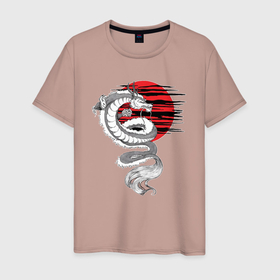 Мужская футболка хлопок с принтом Тату японский дракон с красным солнцем в Новосибирске, 100% хлопок | прямой крой, круглый вырез горловины, длина до линии бедер, слегка спущенное плечо. | 