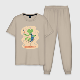 Мужская пижама хлопок с принтом Черепаха с коктейлем в Петрозаводске, 100% хлопок | брюки и футболка прямого кроя, без карманов, на брюках мягкая резинка на поясе и по низу штанин
 | 