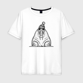Мужская футболка хлопок Oversize с принтом Морж хипстер , 100% хлопок | свободный крой, круглый ворот, “спинка” длиннее передней части | 