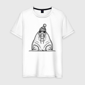 Мужская футболка хлопок с принтом Морж хипстер , 100% хлопок | прямой крой, круглый вырез горловины, длина до линии бедер, слегка спущенное плечо. | 