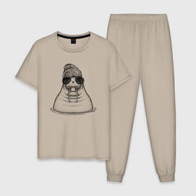 Мужская пижама хлопок с принтом Морж в панаме , 100% хлопок | брюки и футболка прямого кроя, без карманов, на брюках мягкая резинка на поясе и по низу штанин
 | 
