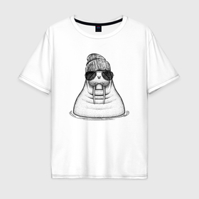 Мужская футболка хлопок Oversize с принтом Морж в панаме , 100% хлопок | свободный крой, круглый ворот, “спинка” длиннее передней части | 