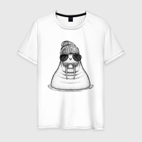 Мужская футболка хлопок с принтом Морж в панаме , 100% хлопок | прямой крой, круглый вырез горловины, длина до линии бедер, слегка спущенное плечо. | 