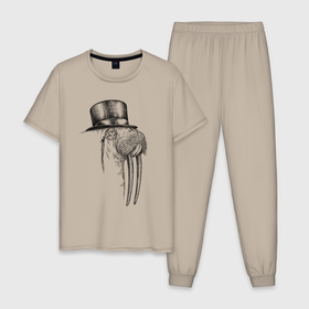 Мужская пижама хлопок с принтом Морж буржуй , 100% хлопок | брюки и футболка прямого кроя, без карманов, на брюках мягкая резинка на поясе и по низу штанин
 | 