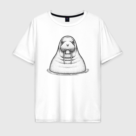 Мужская футболка хлопок Oversize с принтом Морж в воде в Новосибирске, 100% хлопок | свободный крой, круглый ворот, “спинка” длиннее передней части | Тематика изображения на принте: 