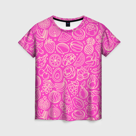 Женская футболка 3D с принтом Фрукты и ягоды   фуксия в Санкт-Петербурге, 100% полиэфир ( синтетическое хлопкоподобное полотно) | прямой крой, круглый вырез горловины, длина до линии бедер | 