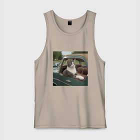 Мужская майка хлопок с принтом Котик автомобилист винтажная серия , 100% хлопок |  | Тематика изображения на принте: 