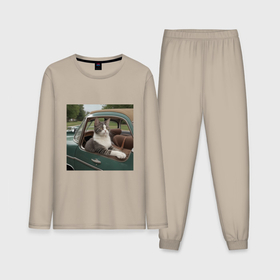 Мужская пижама с лонгсливом хлопок с принтом Котик автомобилист винтажная серия ,  |  | Тематика изображения на принте: 