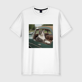 Мужская футболка хлопок Slim с принтом Котик автомобилист винтажная серия в Курске, 92% хлопок, 8% лайкра | приталенный силуэт, круглый вырез ворота, длина до линии бедра, короткий рукав | 