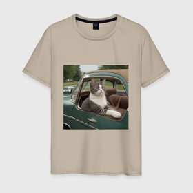 Мужская футболка хлопок с принтом Котик автомобилист винтажная серия в Тюмени, 100% хлопок | прямой крой, круглый вырез горловины, длина до линии бедер, слегка спущенное плечо. | 