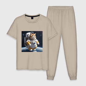 Мужская пижама хлопок с принтом Толстый котик астронавт в Кировске, 100% хлопок | брюки и футболка прямого кроя, без карманов, на брюках мягкая резинка на поясе и по низу штанин
 | 