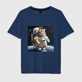 Мужская футболка хлопок Oversize с принтом Толстый котик астронавт в Санкт-Петербурге, 100% хлопок | свободный крой, круглый ворот, “спинка” длиннее передней части | 