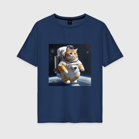 Женская футболка хлопок Oversize с принтом Толстый котик астронавт в Кировске, 100% хлопок | свободный крой, круглый ворот, спущенный рукав, длина до линии бедер
 | 