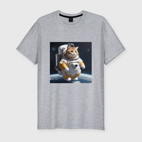 Мужская футболка хлопок Slim с принтом Толстый котик астронавт в Санкт-Петербурге, 92% хлопок, 8% лайкра | приталенный силуэт, круглый вырез ворота, длина до линии бедра, короткий рукав | 