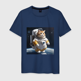 Мужская футболка хлопок с принтом Толстый котик астронавт в Санкт-Петербурге, 100% хлопок | прямой крой, круглый вырез горловины, длина до линии бедер, слегка спущенное плечо. | Тематика изображения на принте: 