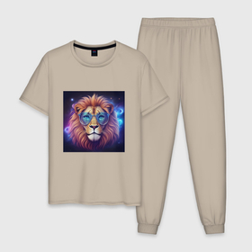 Мужская пижама хлопок с принтом Космический лев в очках , 100% хлопок | брюки и футболка прямого кроя, без карманов, на брюках мягкая резинка на поясе и по низу штанин
 | 
