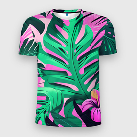 Мужская футболка 3D Slim с принтом Тропические растения   нейросеть , 100% полиэстер с улучшенными характеристиками | приталенный силуэт, круглая горловина, широкие плечи, сужается к линии бедра | 