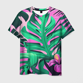 Мужская футболка 3D с принтом Тропические растения   нейросеть в Петрозаводске, 100% полиэфир | прямой крой, круглый вырез горловины, длина до линии бедер | 