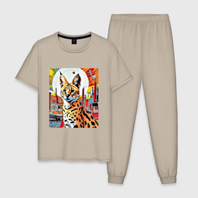 Мужская пижама хлопок с принтом Дикая кошка сервал в Тюмени, 100% хлопок | брюки и футболка прямого кроя, без карманов, на брюках мягкая резинка на поясе и по низу штанин
 | 