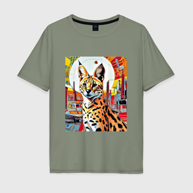 Мужская футболка хлопок Oversize с принтом Дикая кошка сервал в Тюмени, 100% хлопок | свободный крой, круглый ворот, “спинка” длиннее передней части | Тематика изображения на принте: 