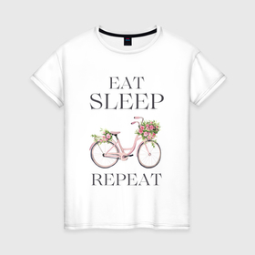 Женская футболка хлопок с принтом Велосипед с цветами   катаюсь на репите в Рязани, 100% хлопок | прямой крой, круглый вырез горловины, длина до линии бедер, слегка спущенное плечо | 