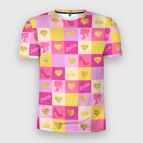 Мужская футболка 3D Slim с принтом Барби: желтые и розовые квадраты паттерн в Белгороде, 100% полиэстер с улучшенными характеристиками | приталенный силуэт, круглая горловина, широкие плечи, сужается к линии бедра | 