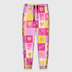 Мужские брюки 3D с принтом Барби: желтые и розовые квадраты паттерн в Тюмени, 100% полиэстер | манжеты по низу, эластичный пояс регулируется шнурком, по бокам два кармана без застежек, внутренняя часть кармана из мелкой сетки | 