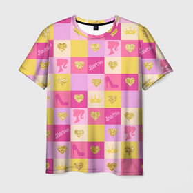 Мужская футболка 3D с принтом Барби: желтые и розовые квадраты паттерн в Санкт-Петербурге, 100% полиэфир | прямой крой, круглый вырез горловины, длина до линии бедер | 