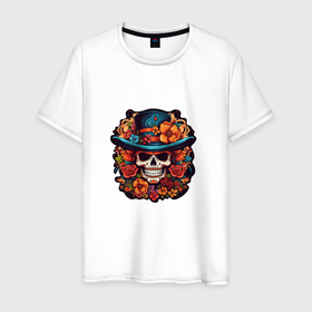 Мужская футболка хлопок с принтом Череп в шляпе Хэллоуин в Кировске, 100% хлопок | прямой крой, круглый вырез горловины, длина до линии бедер, слегка спущенное плечо. | 