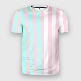 Мужская футболка 3D Slim с принтом Полоска Барби и Кена   сплит: нежно мытный и розовый в Тюмени, 100% полиэстер с улучшенными характеристиками | приталенный силуэт, круглая горловина, широкие плечи, сужается к линии бедра | 