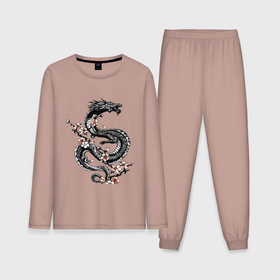 Мужская пижама с лонгсливом хлопок с принтом Дракон с цветущей сакурой в Кировске,  |  | 
