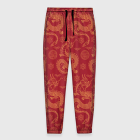 Мужские брюки 3D с принтом Dragon red pattern в Санкт-Петербурге, 100% полиэстер | манжеты по низу, эластичный пояс регулируется шнурком, по бокам два кармана без застежек, внутренняя часть кармана из мелкой сетки | 