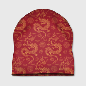 Шапка 3D с принтом Dragon red pattern в Курске, 100% полиэстер | универсальный размер, печать по всей поверхности изделия | 