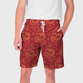Мужские шорты 3D с принтом Dragon red pattern в Кировске,  полиэстер 100% | прямой крой, два кармана без застежек по бокам. Мягкая трикотажная резинка на поясе, внутри которой широкие завязки. Длина чуть выше колен | 