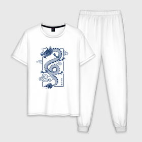 Мужская пижама хлопок с принтом Синий китайский дракон в Петрозаводске, 100% хлопок | брюки и футболка прямого кроя, без карманов, на брюках мягкая резинка на поясе и по низу штанин
 | 