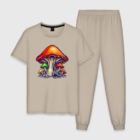 Мужская пижама хлопок с принтом Mushroom family в Кировске, 100% хлопок | брюки и футболка прямого кроя, без карманов, на брюках мягкая резинка на поясе и по низу штанин
 | Тематика изображения на принте: 