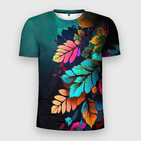 Мужская футболка 3D Slim с принтом Цветы и листья на градиентном  фоне в Санкт-Петербурге, 100% полиэстер с улучшенными характеристиками | приталенный силуэт, круглая горловина, широкие плечи, сужается к линии бедра | Тематика изображения на принте: 
