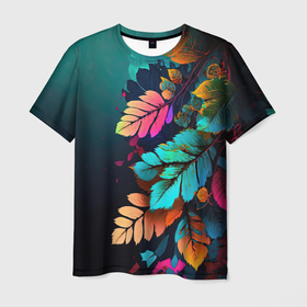 Мужская футболка 3D с принтом Цветы и листья на градиентном  фоне в Санкт-Петербурге, 100% полиэфир | прямой крой, круглый вырез горловины, длина до линии бедер | Тематика изображения на принте: 