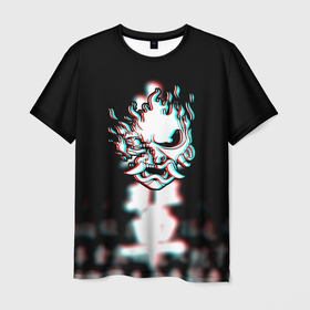Мужская футболка 3D с принтом Samurai glitch cyberpunk city , 100% полиэфир | прямой крой, круглый вырез горловины, длина до линии бедер | 
