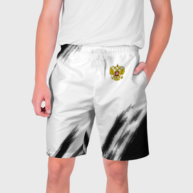 Мужские шорты 3D с принтом Russia sport черно белый ,  полиэстер 100% | прямой крой, два кармана без застежек по бокам. Мягкая трикотажная резинка на поясе, внутри которой широкие завязки. Длина чуть выше колен | 